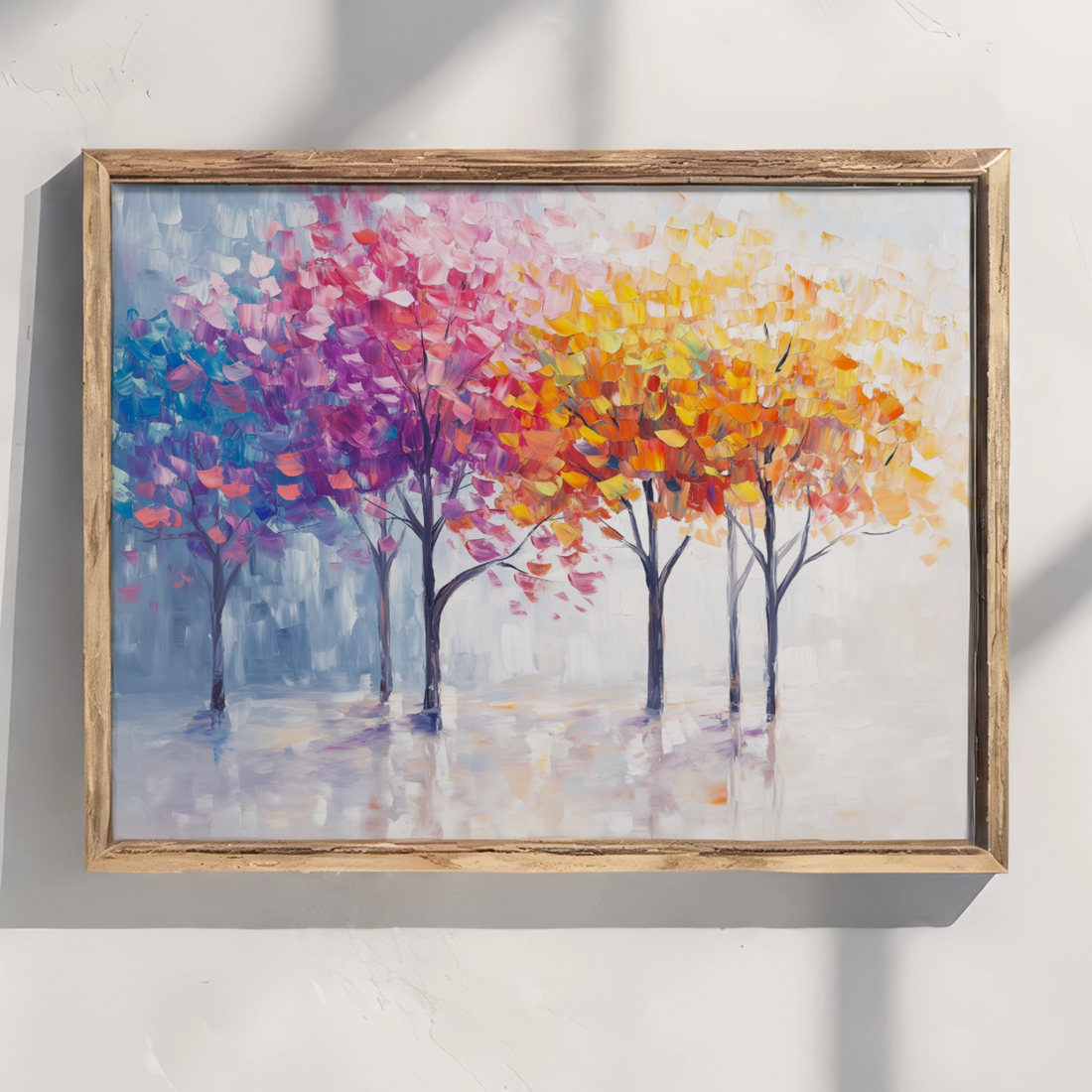 Whimsical Forest Dreams: Vibrant Abstract Trees in Misty Impressionist Landscape. High Resolution Digital Download 300 DPI