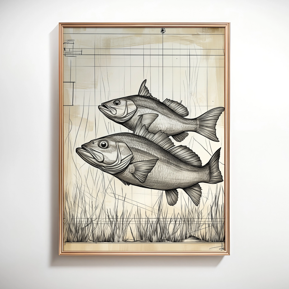 Dynamic Duo: Larger and Smaller Fish Swimming in Grid-Patterned Water. High Resolution Digital Download 300 DPI