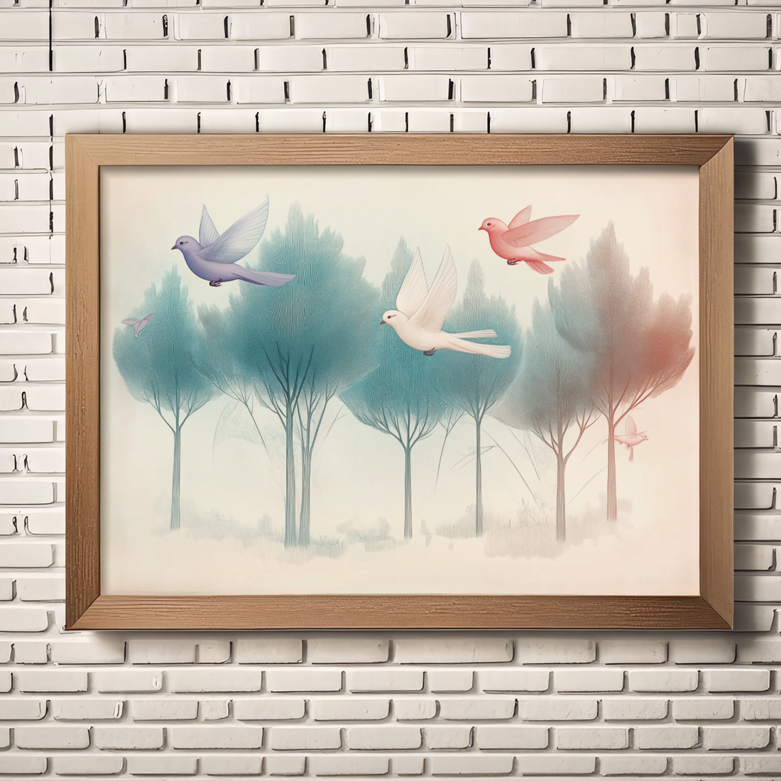 Ethereal Forest Flight: Misty Landscape Alive with Colorful Avian Wonders. High Resolution Digital Download 300 DPI