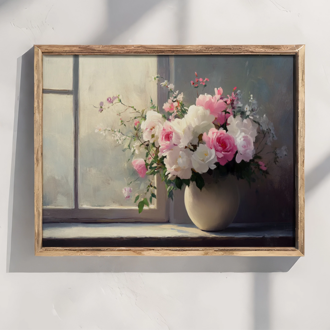 Soft Floral Elegance: Pink and White Roses Illuminated by Gentle Window Light. High Resolution Digital Download 300 DPI