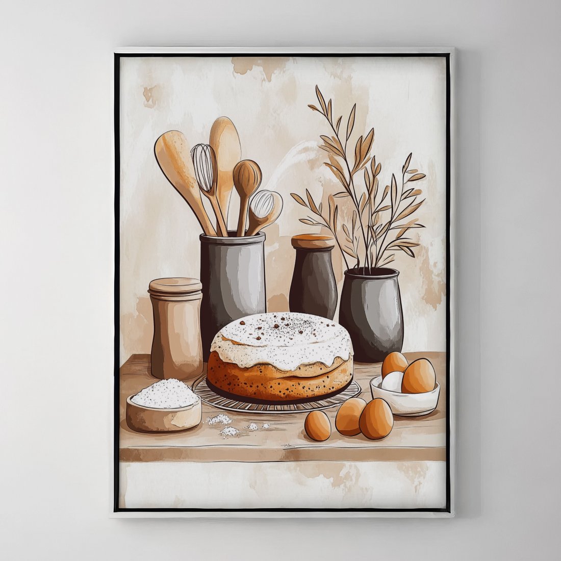 Whimsical Baking Bliss: Watercolor Kitchen Scene with Freshly Baked Cake. High Resolution Digital Download 300 DPI