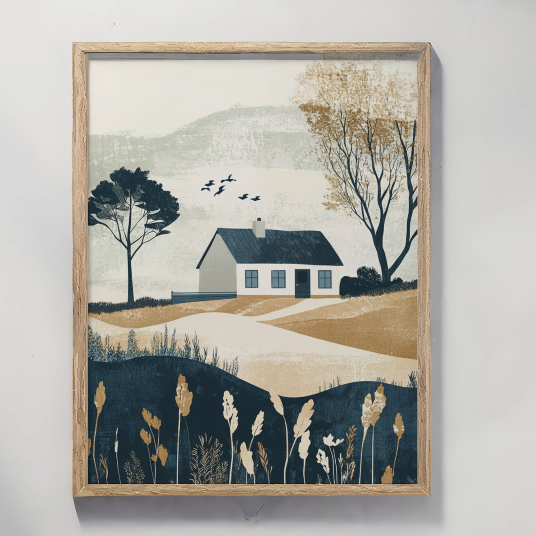 Charming White Cottage: Serene Rural Landscape with Trees and Rolling Hills. High Resolution Digital Download 300 DPI