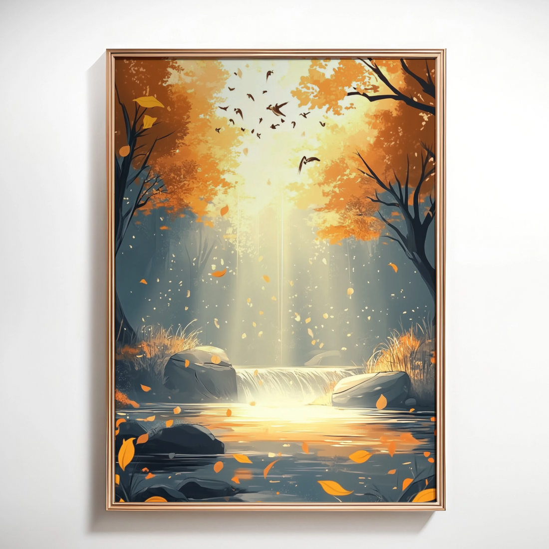 Autumn's Cascade: Serene Forest Landscape with Waterfall and Soaring Birds. High Resolution Digital Download 300 DPI