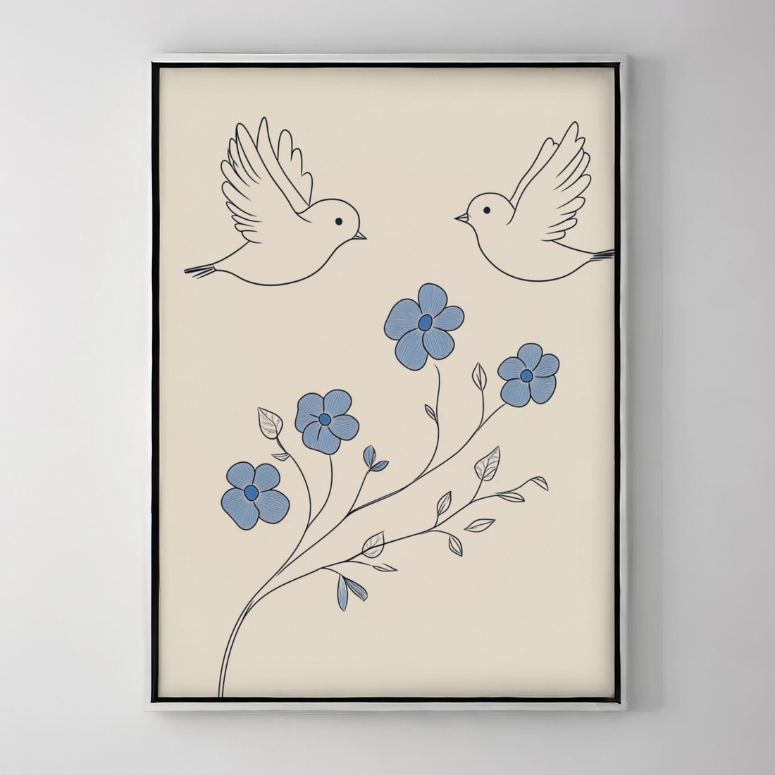 Elegant Flight: Minimalist Blue Birds and Flowers on Soft Beige Canvas. High Resolution Digital Download 300 DPI