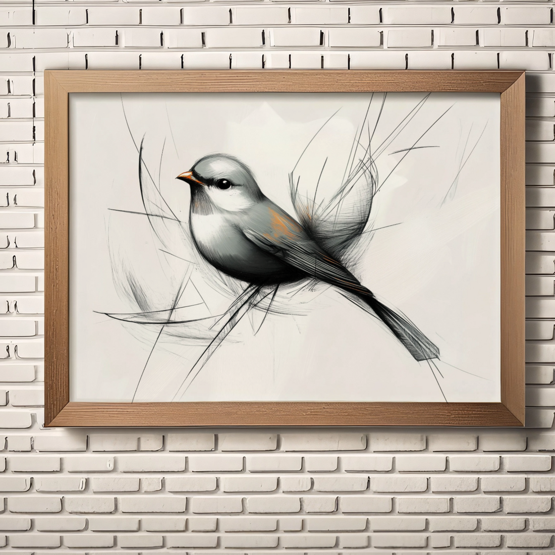 Charming Songbird: Gray Bird with Red Beak on Abstract Brushwork Background. High Resolution Digital Download 300 DPI