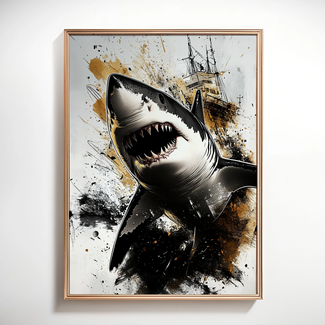 Dramatic Ink Art: Great White Shark Attacking Ship with Exaggerated Perspective. High Resolution Digital Download 300 DPI