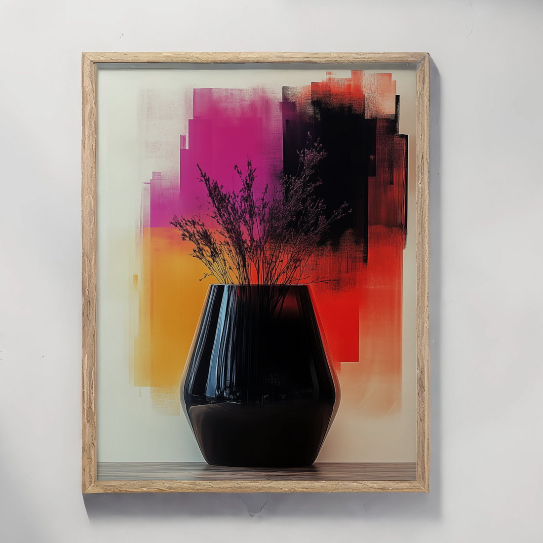 Elegant Dried Floral Arrangement: Black Vase Meets Vibrant Abstract Background. High Resolution Digital Download 300 DPI