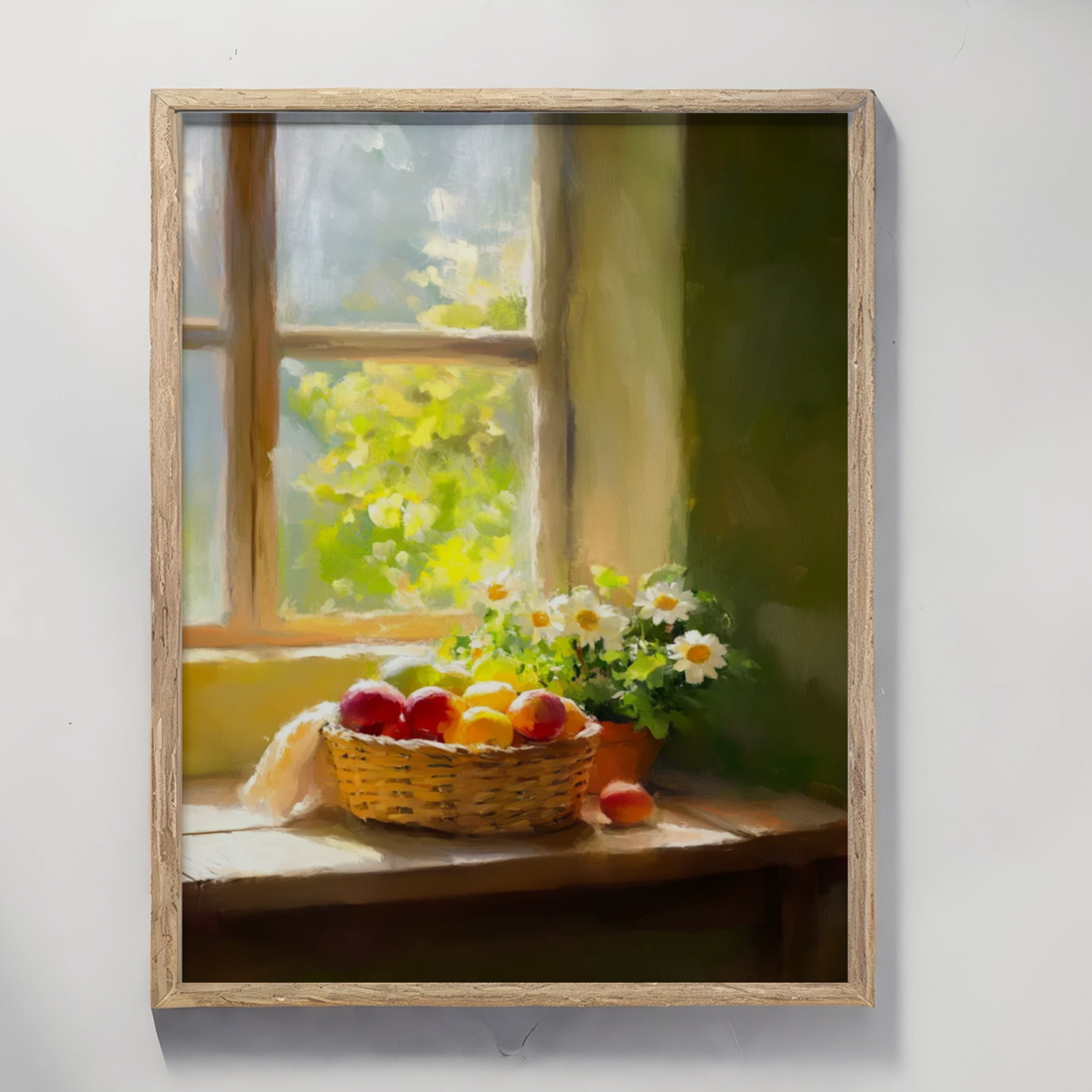 Rustic Kitchen Charm: Vibrant Fruit Basket Against Serene Green Wall. High Resolution Digital Download 300 DPI