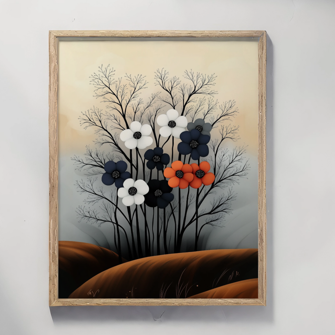 Enchanting Floral Contrast: Colorful Blooms with Black Stems on Warm Backdrop. High Resolution Digital Download 300 DPI