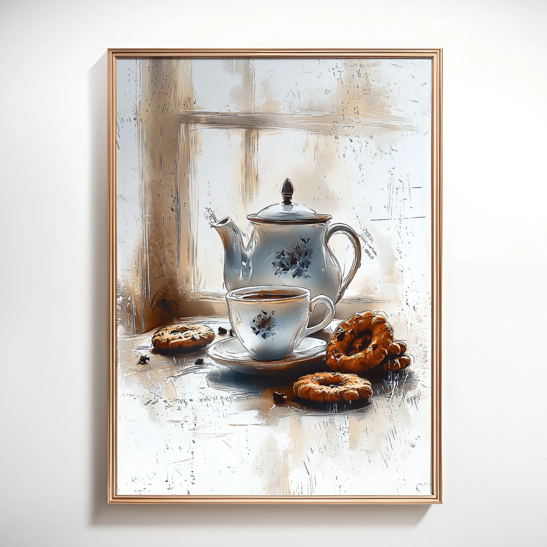Vintage Elegance: Floral Teapot and Pastries by Sunlit Window. High Resolution Digital Download 300 DPI