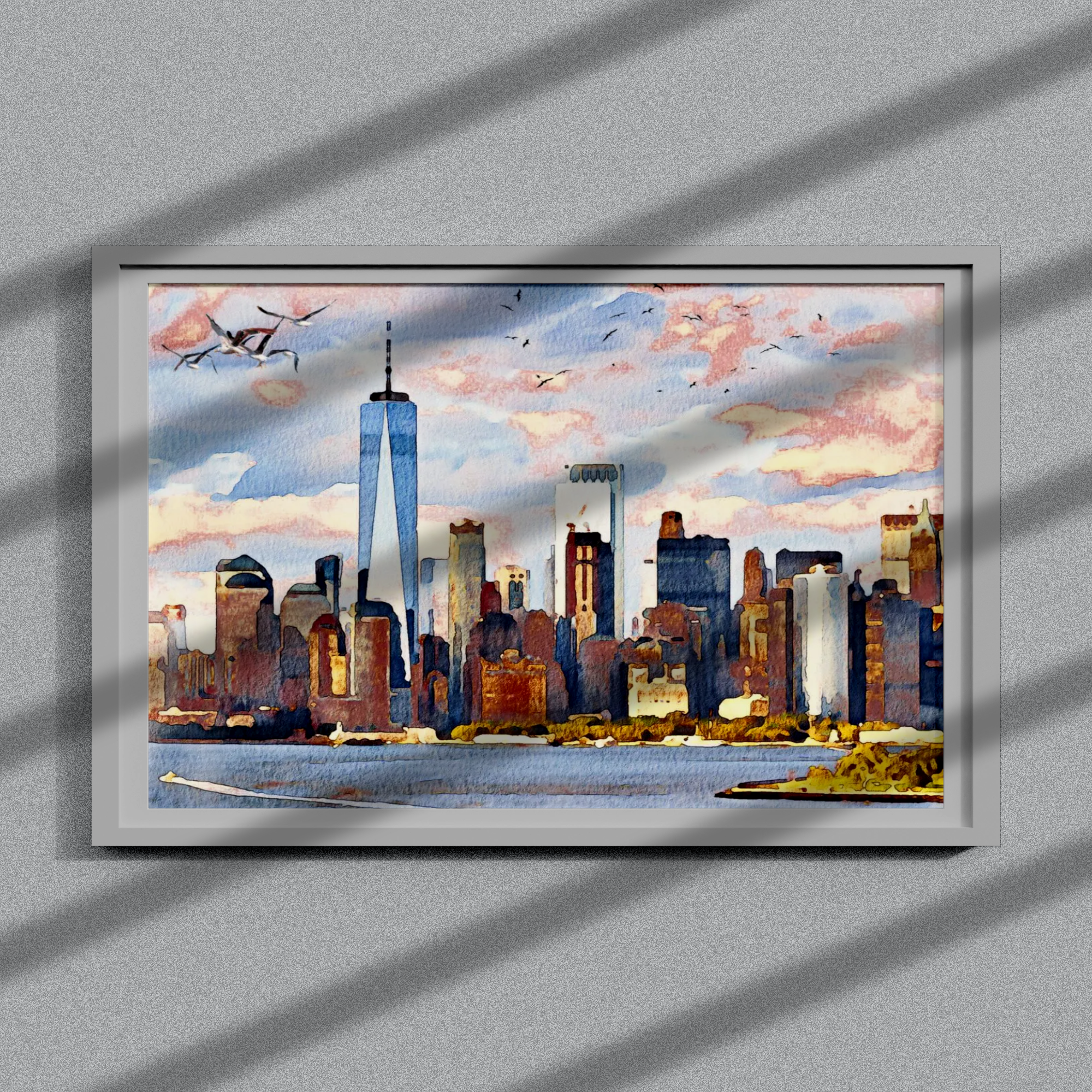 Vibrant Urban Oasis: Modern Cityscape Wall Art with Serene Ferry Scene. High Resolution Digital Download 300 DPI.