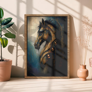 Golden Geometric Horse Steampunk Oil Painting Dark Blue Eyes Art. High Resolution Digital Download 300 DPI.