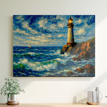 Seaside Beacon Canvas Art Nautical Shoreline Sailboat Ocean View. High Resolution Digital Download 300 DPI.