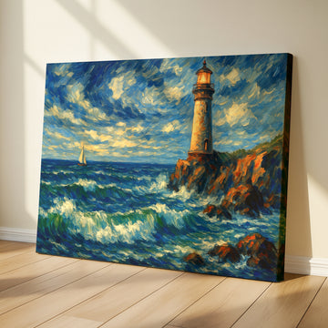 Seaside Beacon Art Nautical Shoreline Sailboat Ocean View. High Resolution Digital Download 300 DPI.