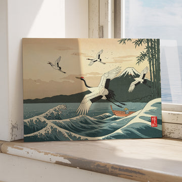 Elegant Asian Wall Art Flying Birds Mountain Sea Canvas Decor. High Resolution Digital Download 300 DPI.