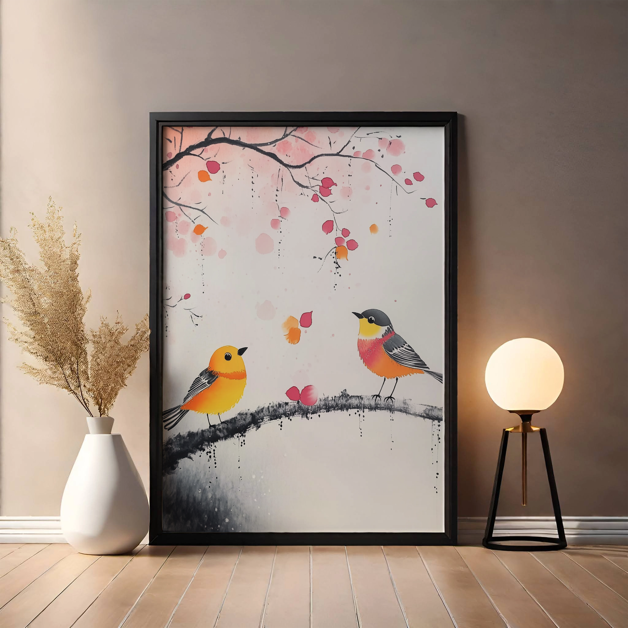 Dawn's Symphony: Vibrant Birds and Dewy Flowers Celebrate Spring's Awakening. High Resolution Digital Download 300 DPI
