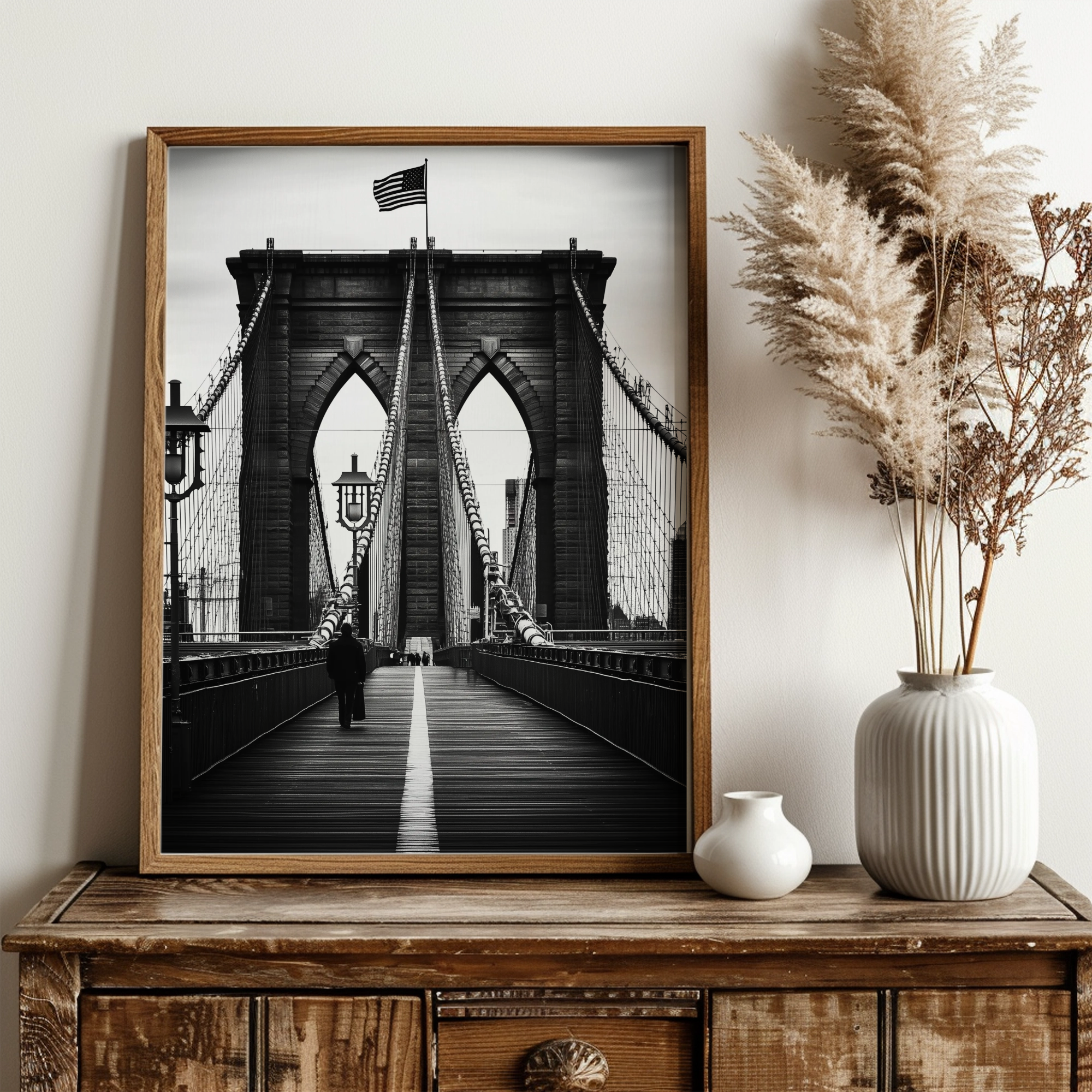 Timeless Brooklyn Bridge: Elegant Black and White Cityscape Canvas Print. High Resolution Digital Download 300 DPI.