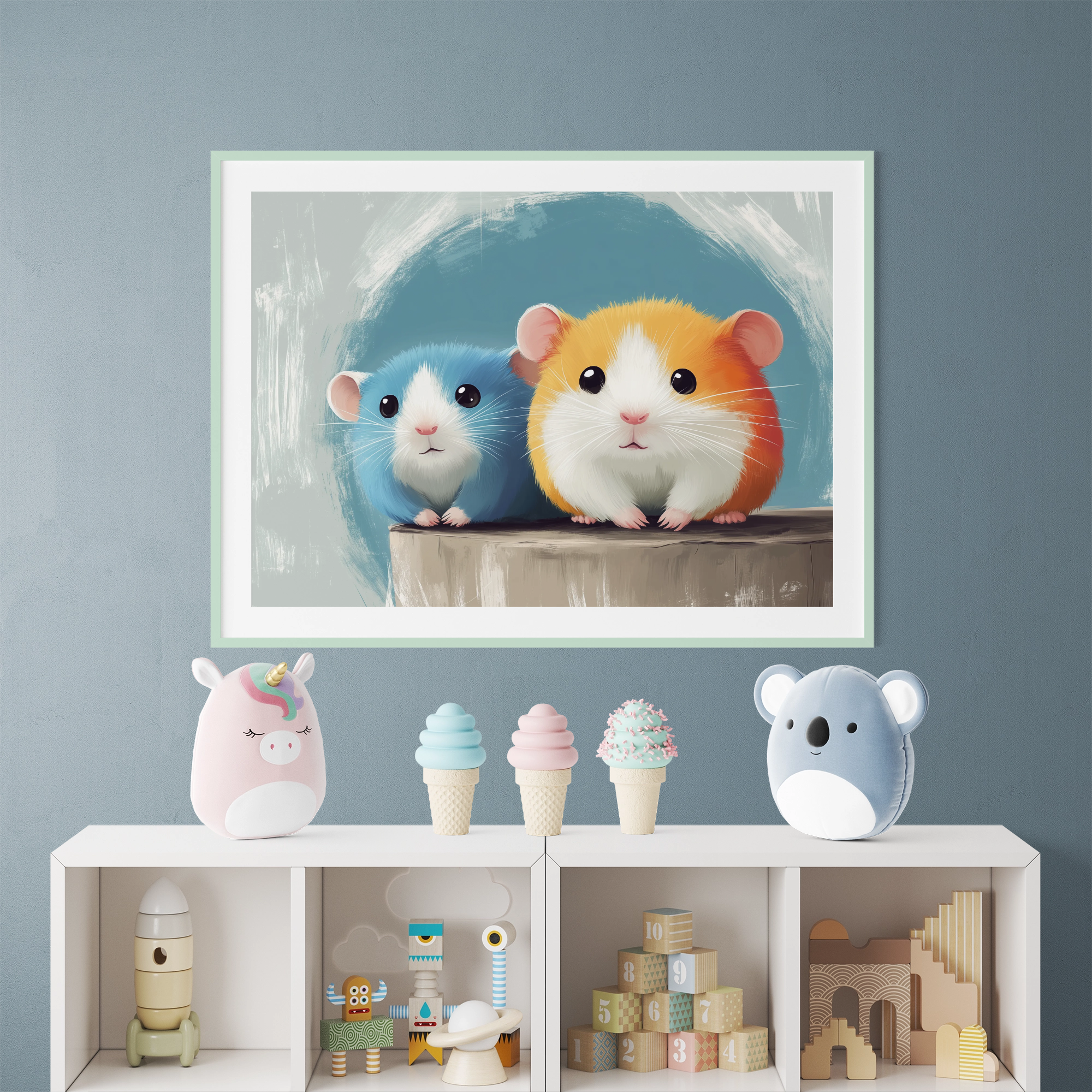 Charming Hamster Duo: Teal Circle Minimalist Pet Portrait Wall Art. High Resolution Digital Download 300 DPI.