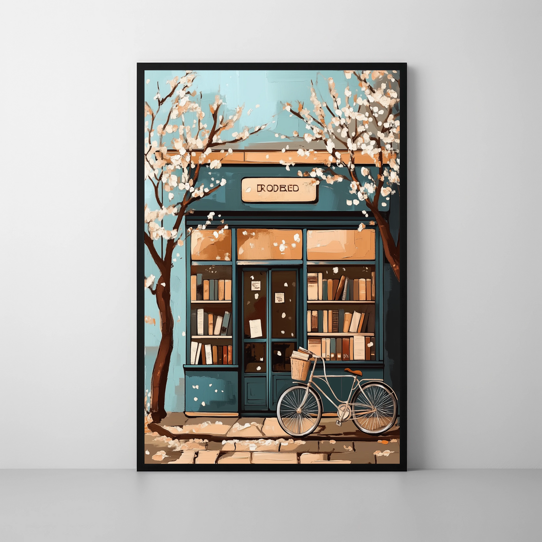 Enchanting Bookstore Bliss: Cozy Literary Haven Amidst Cherry Blossoms Wall Art. High Resolution Digital Download 300 DPI.