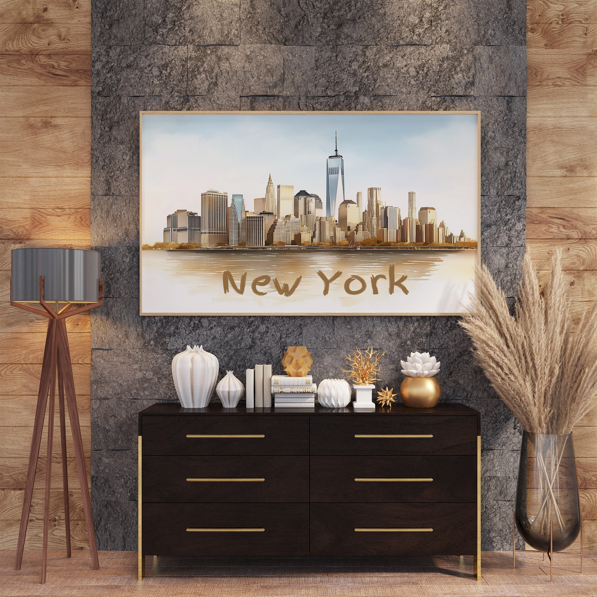 Timeless Manhattan Twilight: NYC Skyline Watercolor Wall Art Print. High Resolution Digital Download 300 DPI.