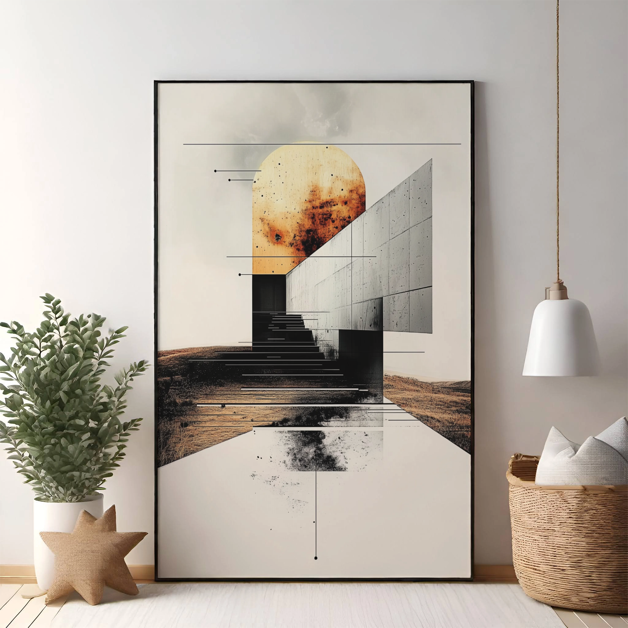 Surreal Geometric Oasis: Minimalist Abstract Art with Glowing Sphere. High Resolution Digital Download 300 DPI