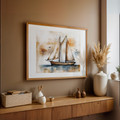 Ship watercolor above a wooden console