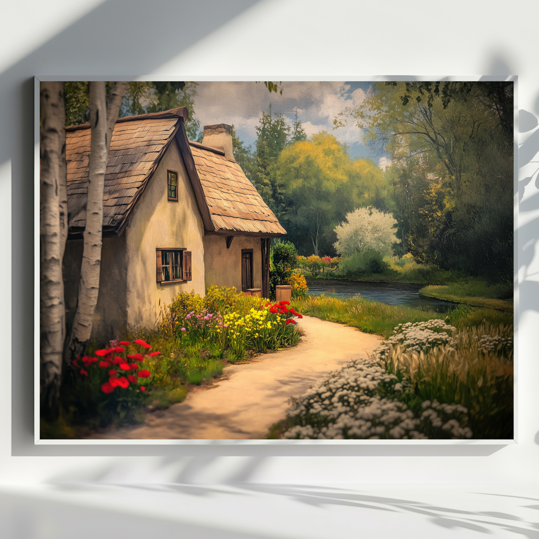 Vintage Cozy Home Wall Art Birch Trees Lake Flowers Nature Painting. High Resolution Digital Download 300 DPI.