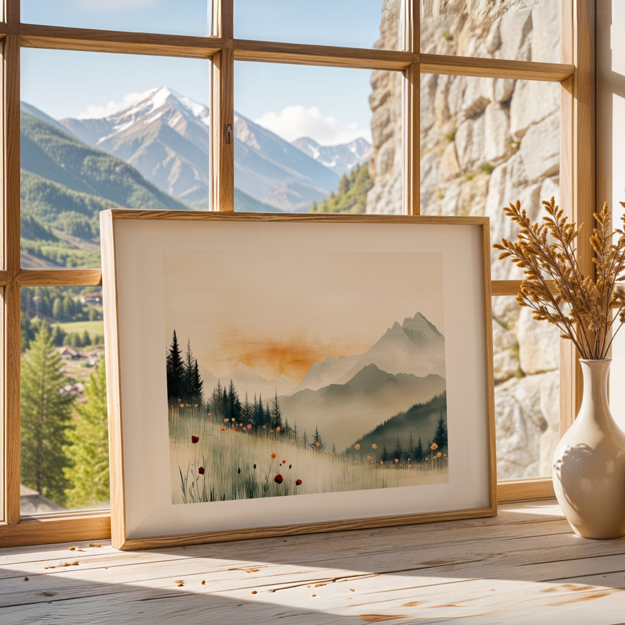 Mountain Landscape Wall Art Green Meadow Poppies Red Sunset. High Resolution Digital Download 300 DPI.