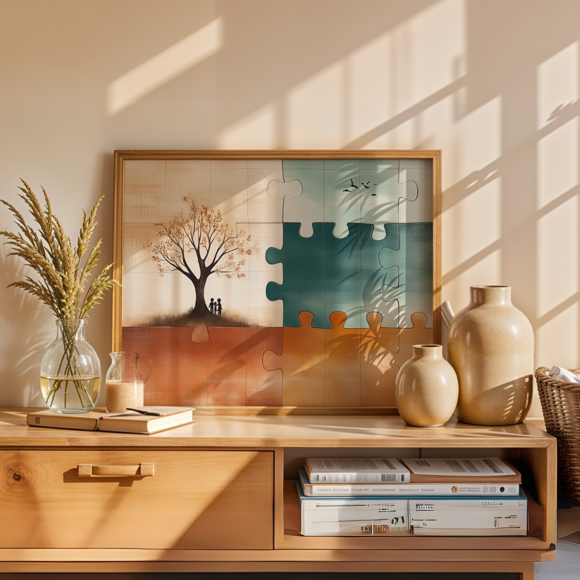 Abstract Puzzle Family Connection Wall Art in Warm Earth Tone Design. High Resolution Digital Download 300 DPI.
