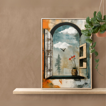 Tranquil Vista: Arched Window Cloud View Tree Floral Wall Art. High Resolution Digital Download 300 DPI.