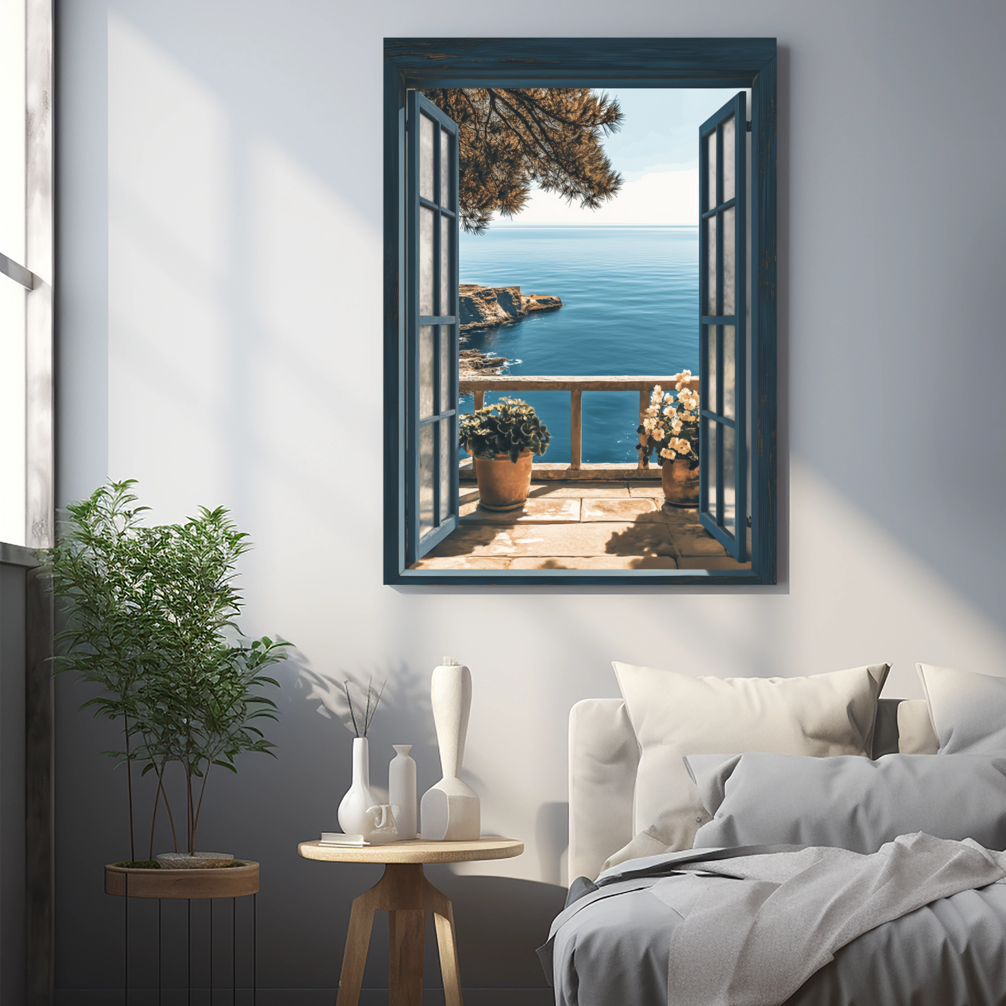 Coastal Serenity: Blue Balcony Sea View Cliff Landscape Wall Art. High Resolution Digital Download 300 DPI.