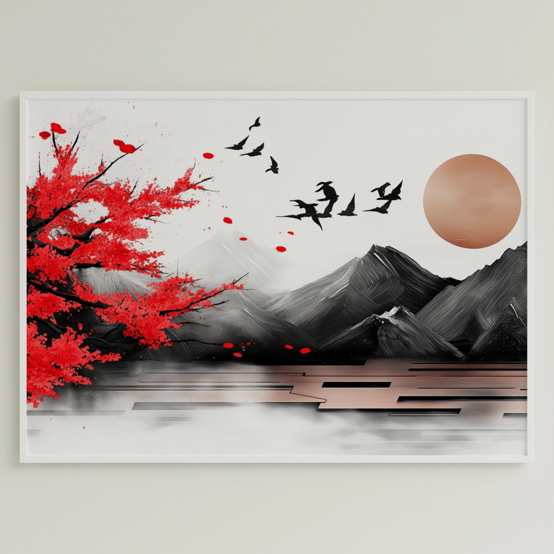 Striking Sunrise: Red Cherry Blossom and Black Birds Mountain Art. High Resolution Digital Download 300 DPI.