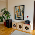Geometric car art above a record cabinet
