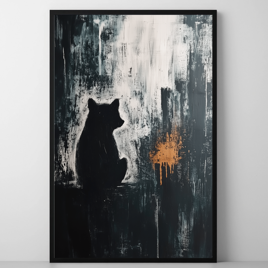 Dramatic Bear Silhouette: Abstract Orange Splash on Black Canvas Art. High Resolution Digital Download 300 DPI.