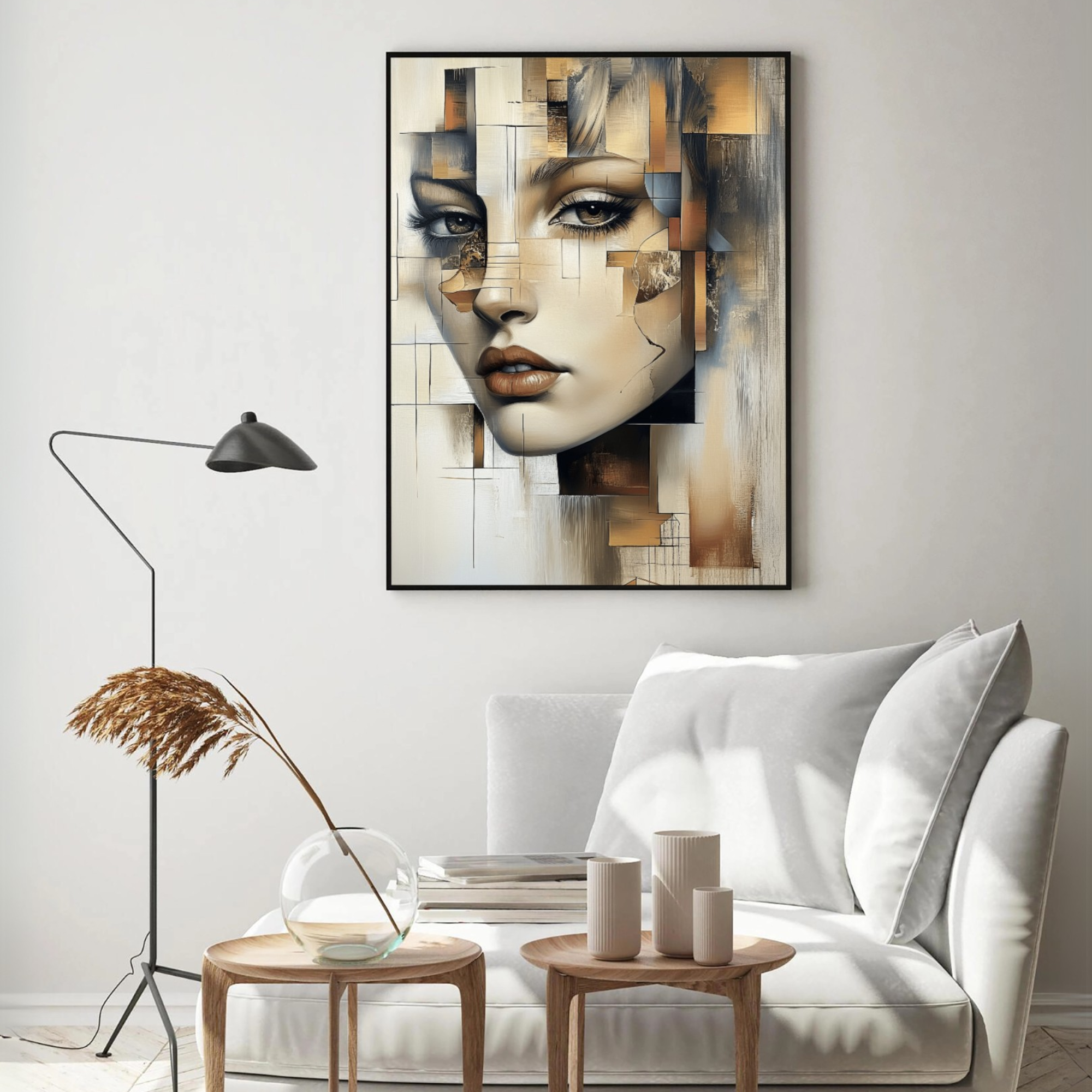Abstract Geometric Gold Female Face Painting - Neutral Metallic Wall Art. High Resolution Digital Download 300 DPI.