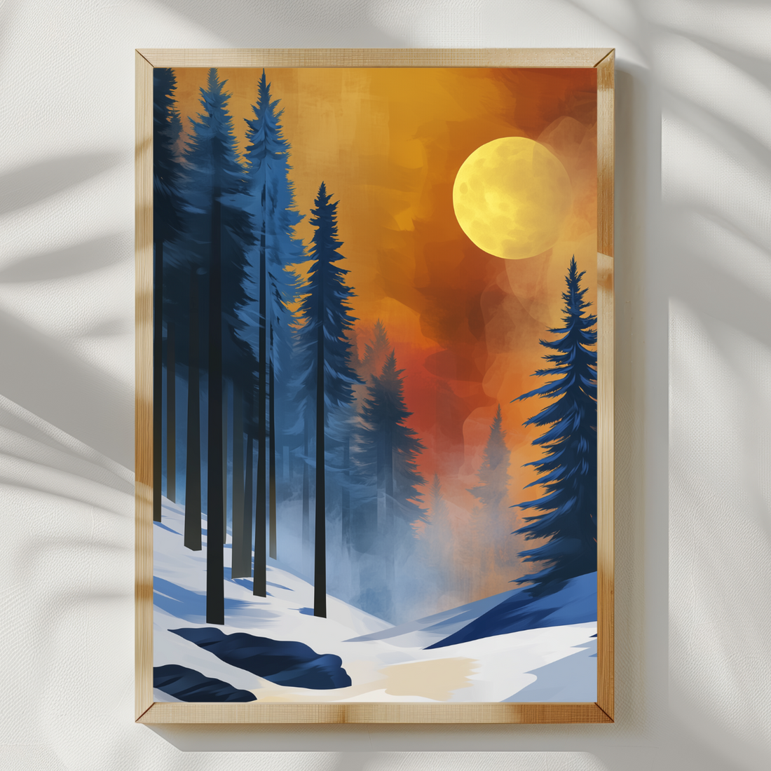 Winter Pine Forest Wall Art Moonlight Digital Painting Illustration. High Resolution Digital Download 300 DPI.