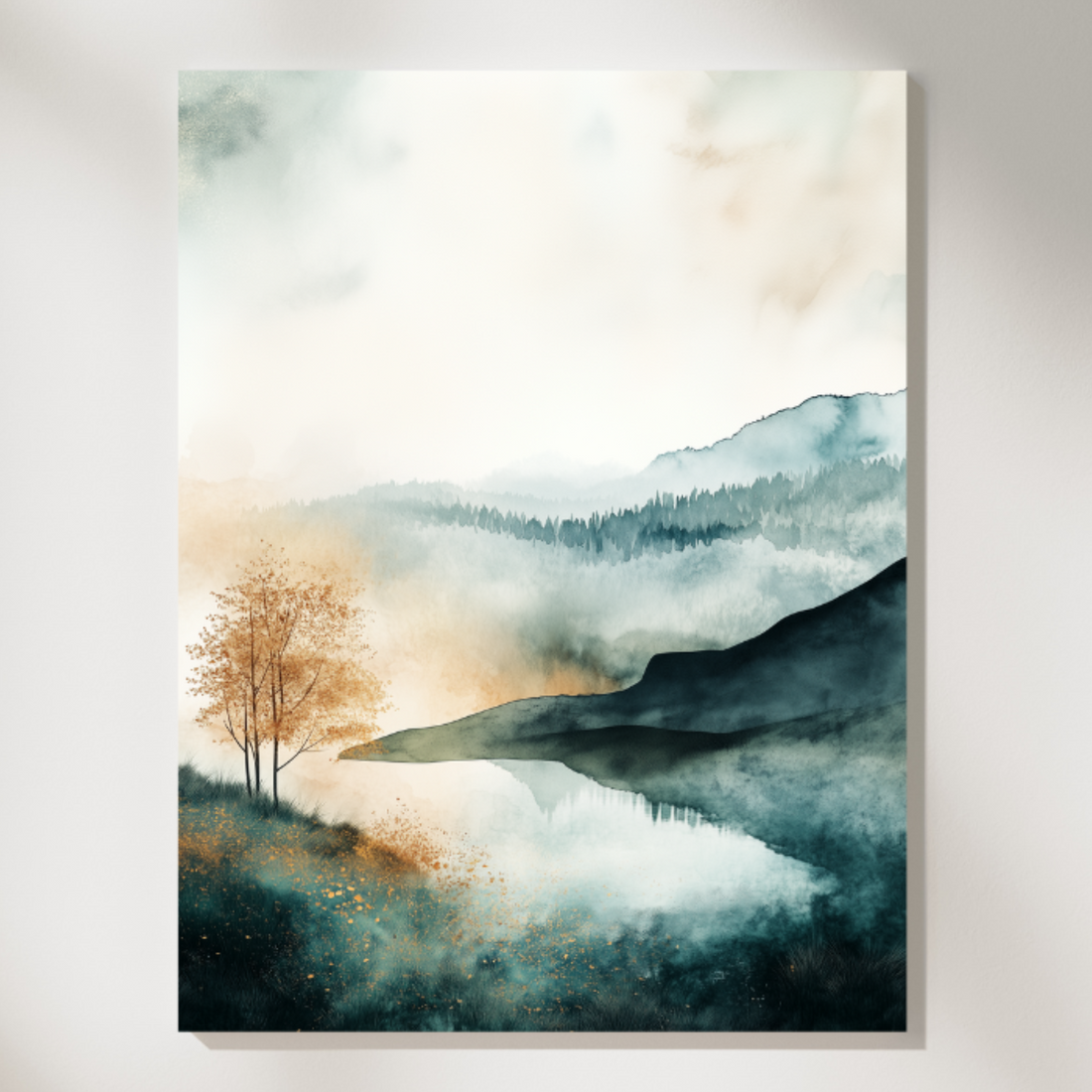 Watercolor Hills and Trees Landscape: Gold Glitter Wall Art. High Resolution Digital Download 300 DPI.