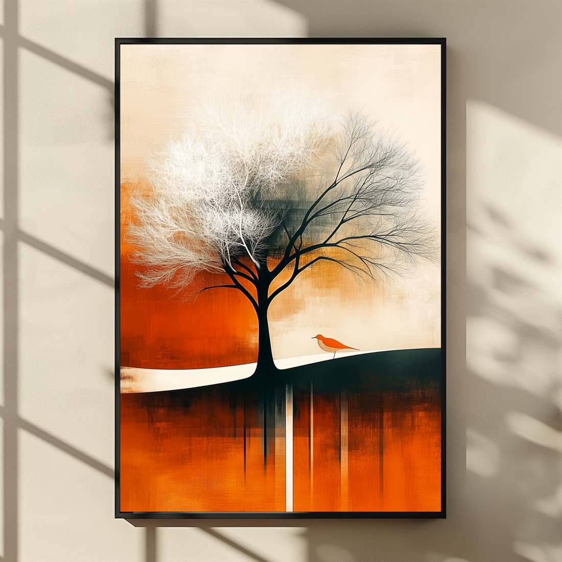 White Tree Yellow Bird Oil Painting Wall Art Exquisite Details. High Resolution Digital Download 300 DPI.