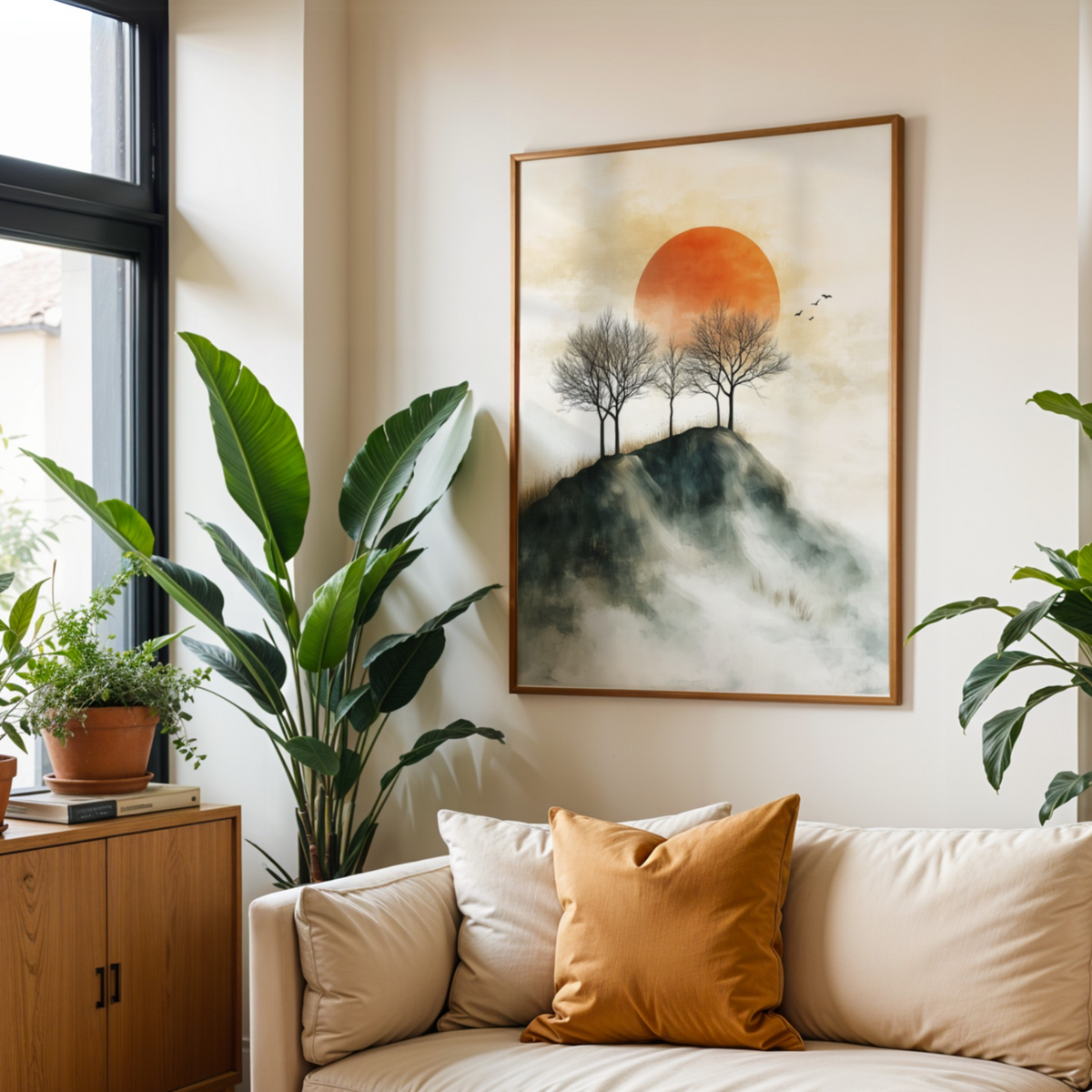 Misty trees art above a sofa with orange pillows