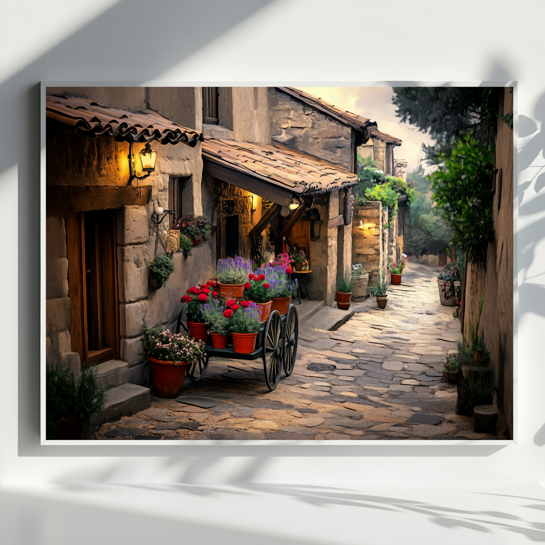 Twilight Flower Cart Wall Art Lavender Roses Cobblestone Painterly Texture. High Resolution Digital Download 300 DPI.