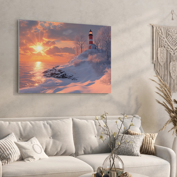Radiant Winter Beacon: Icy Coastal Lighthouse Seascape Wall Art. High Resolution Digital Download 300 DPI.