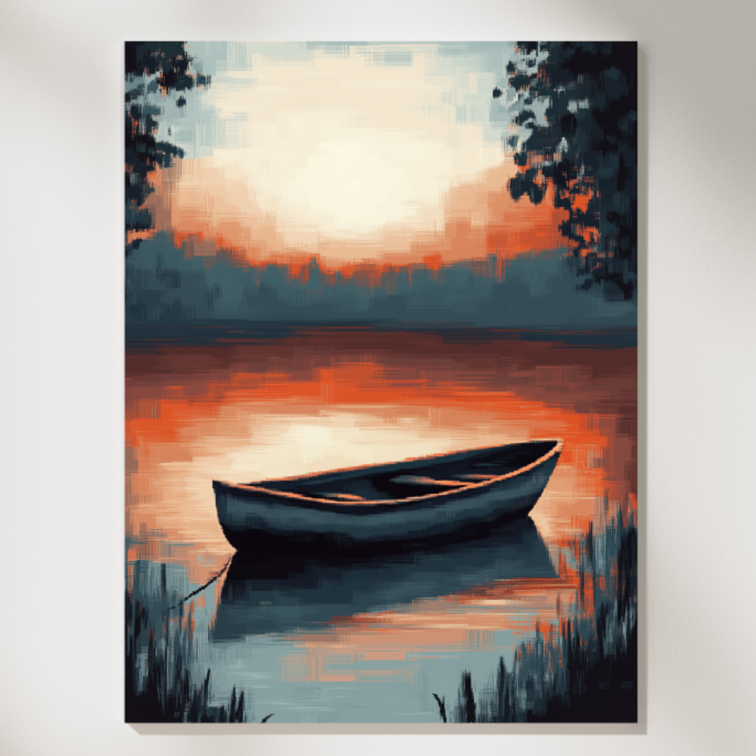 Pixelated Serenity: Retro Sunset Lake Boat Reflection Canvas Art. High Resolution Digital Download 300 DPI.
