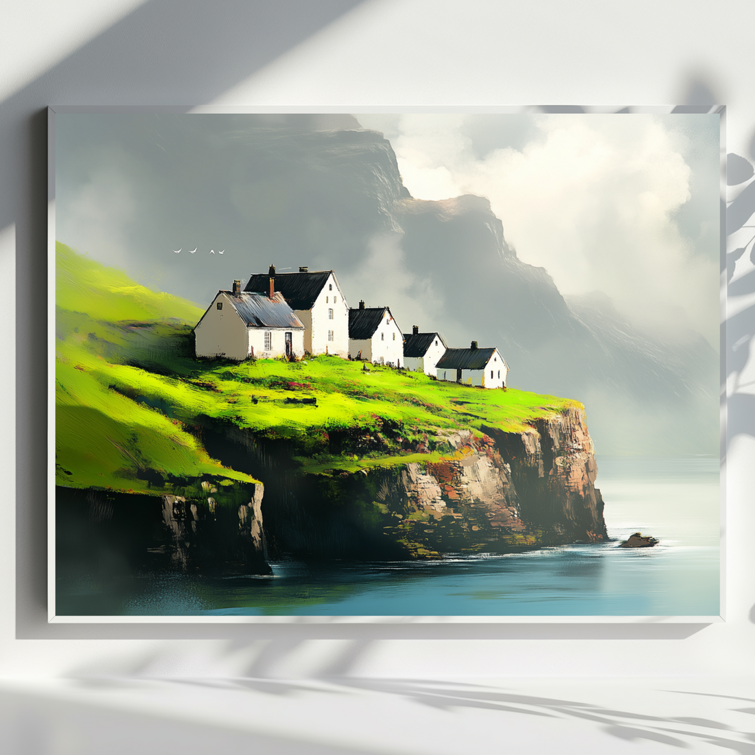Island Fantasy Wall Art White Houses Black Roofs Green Cliffs. High Resolution Digital Download 300 DPI.