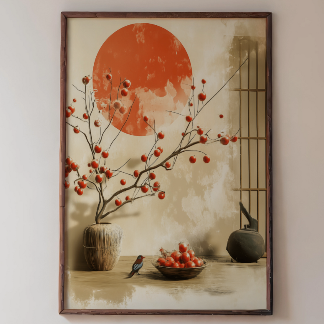 Serene Minimalist Nature Scene: Bird, and Berries Art. High Resolution Digital Download 300 DPI.