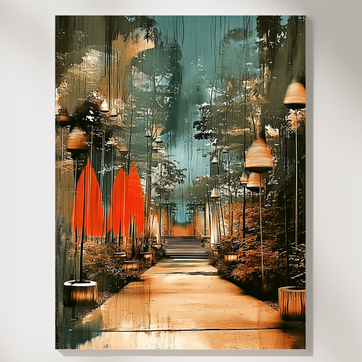 Close-up of the lantern lit forest path painting