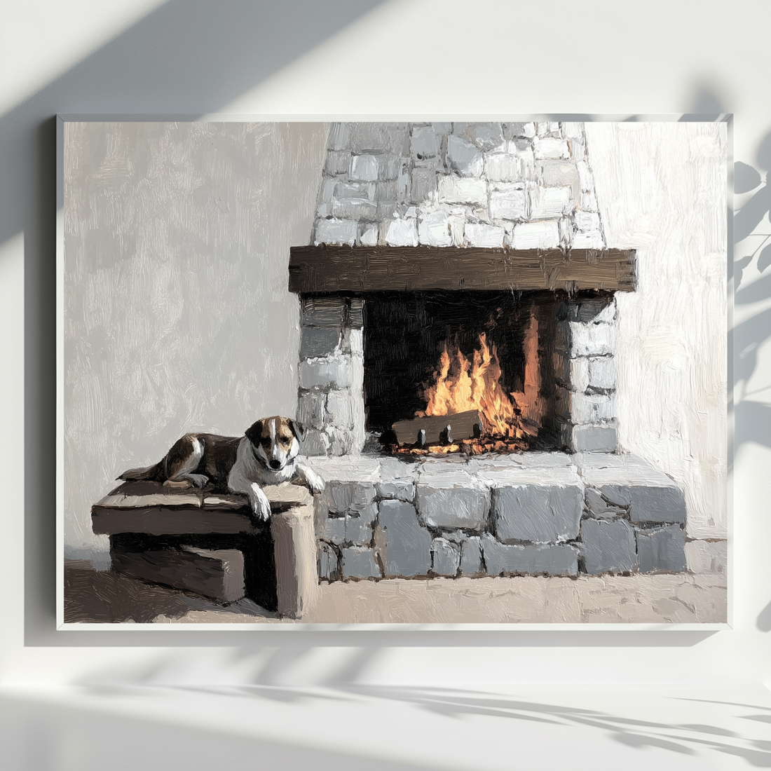 Dog by Fireplace Wall Art Ancient Home Cozy Oil Painting Scene. High Resolution Digital Download 300 DPI.