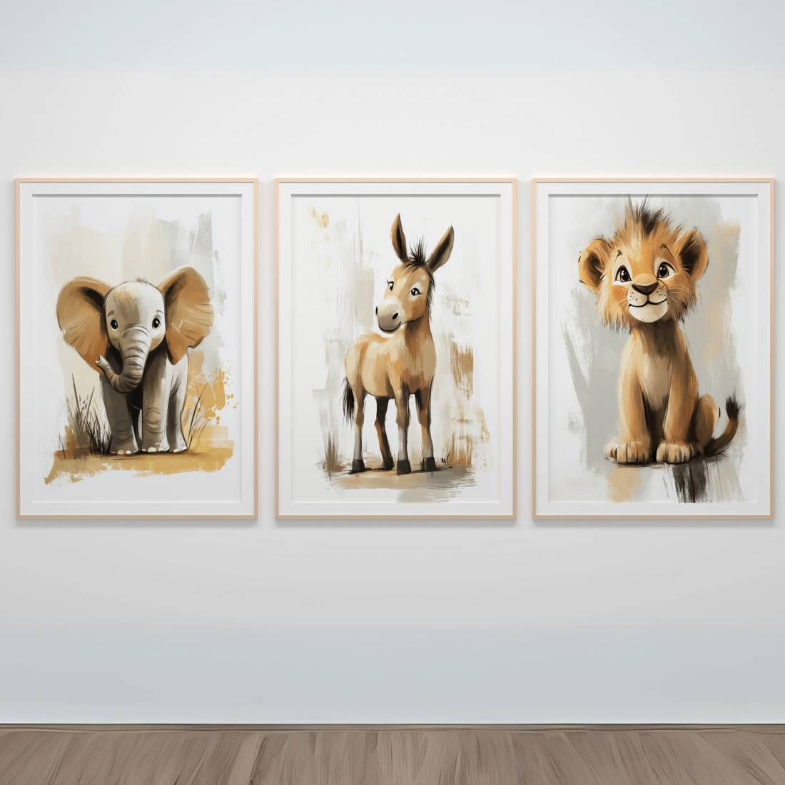 Adorable Safari Friends: Elephant, Donkey, Lion Cub Cartoon Wall Art. High Resolution Digital Download 300 DPI.