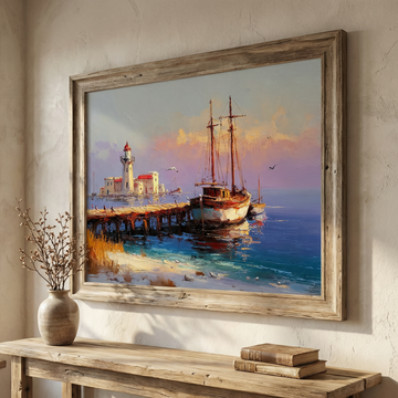 Coastal Harbor Wall Art Sailing Boat Tranquil Morning Watercolor Painting. High Resolution Digital Download 300 DPI.