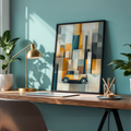 Geometric car art above a wooden desk