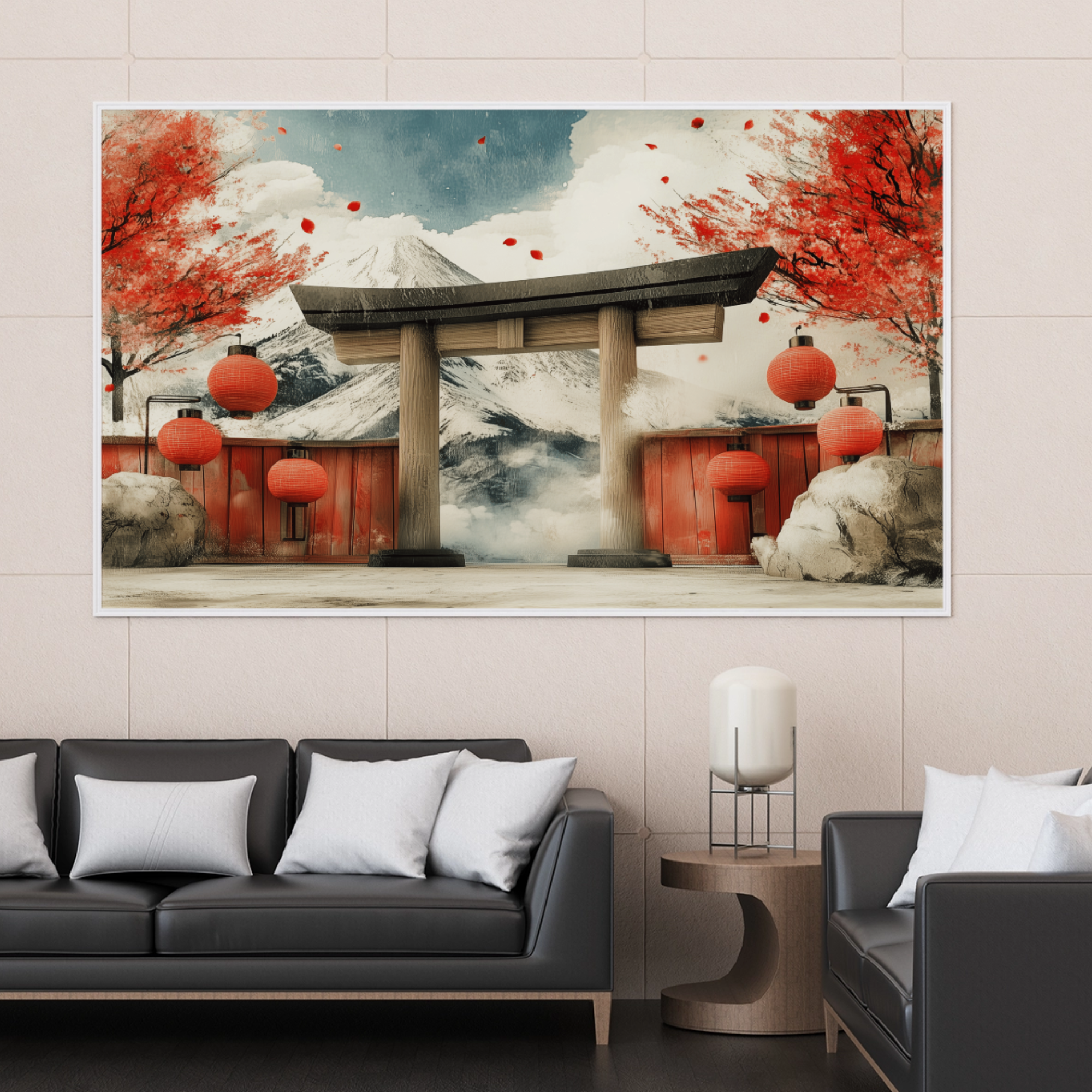 Serene Japanese Festival Landscape: Cherry Blossoms and Mountain Canvas Art. High Resolution Digital Download 300 DPI.